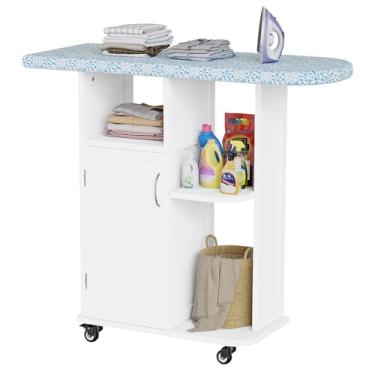 Imagem de Tábua de passar a ferro com armário de armazenamento, mesa de engomar pequena com almofada fixa resistente ao calor, mesa de artesanato com prateleiras de armazenamento para espaços pequenos
