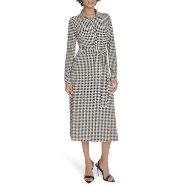 Imagem de Tommy Hilfiger Vestido feminino de jérsei Houndstooth com gola e mangas compridas, Branco/preto, 38