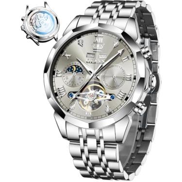 Imagem de OLEVS Relógio masculino automático de aço inoxidável esqueleto mecânico à prova d'água luminoso com corda automática diamante masculino, relógio masculino cinza prateado, silver gray men watch