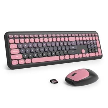 Imagem de Surmen Teclado e mouse preto rosa sem fio, silencioso, feminino, slient, máquina de escrever retrô, baixo ruído, 2,4 GHz para computador, desktop, laptop (110-rosa Heimei)