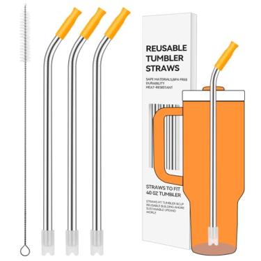 Imagem de Prurex Canudos reutilizáveis de aço inoxidável com ponta de silicone para Stanley 1,134 g, canudos de metal para copo de 1134 g, 3 tubos dobrados e 6 pontas e 1 escova Cleanr (Goldenrod)