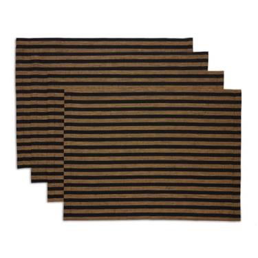 Imagem de Solino Home Jogo americano de linho conjunto de 4 - jogo americano Amalfi listrado açúcar mascavo e preto 35,5 x 48,8 cm - 100% linho puro tapetes para o verão, outono