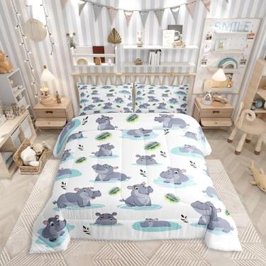 Imagem de Conjunto de edredom infantil de hipopótamo de desenho animado, 3 peças, fofo, animal selvagem, estilo rústico, para meninos, meninas, adolescentes, azul, água, folhas verdes, hippie, conjunto de