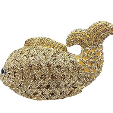 Imagem de Boutique De FGG Bolsa clutch feminina com strass de peixe, formal, para noite, formatura, festa de casamento, bolsa clutch de cristal, mini, Dourado, Mini
