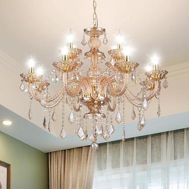 Imagem de Vimatto Lustre de cristal K9 de luxo com 12 luzes, pingente de cristal dourado âmbar, luminária de teto, vela de cristal moderna, candelabros para sala de estar, cozinha, hall de entrada (12 luzes)