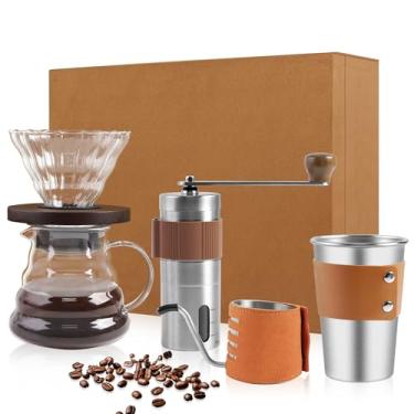 Imagem de LHS Conjunto de cafeteira derramada por cima – kit de 4 peças inclui chaleira pescoço de ganso, moedor de café removível, copo de 500 ml e gotejador de café com tampa, perfeito para cerveja caseira e