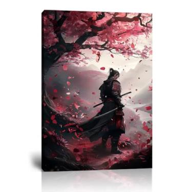 Imagem de Samurai Japonês Arte de Parede Pintura de Ameixa Guerreiro Japonês Impressão em Tela Preto e Vermelho Pintura Moderna Aquarela para Quarto Sala de Estar Escritório Decoração de Casa Emoldurada (61 cm