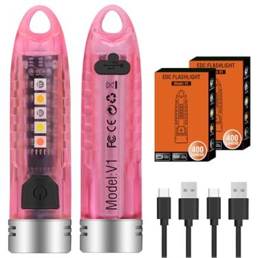 Imagem de HYVCZP Mini lanterna EDC V1, pacote com 2, chaveiro portátil de 400 lm, 12 modos com luz lateral UV, vermelho, azul, amarelo, branco, recarregável, à prova d'água, luz de bolso de LED de emergência