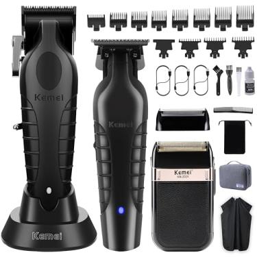 Imagem de KEMEI Aparador de cabelo profissional, aparador de cabelo/barba, conjunto de barbeador elétrico para homens, aparador de barba sem fio, barbeiro recarregável, kit de corte de cabelo com desbotamento