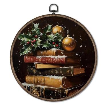 Imagem de Giosve Pôster emoldurado em tela de arte de parede redonda de livro de Natal vintage, esculturas de parede de livros de Natal rústica escura para decoração de galeria de sala de leitura, 25 x 25 cm