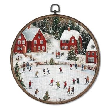 Imagem de Giosve Pôster emoldurado em tela redonda de patinação no gelo da vila de Natal, rústico inverno, cidade nevada, férias de Natal, esculturas de parede penduradas para decoração de casa, quarto, sala de