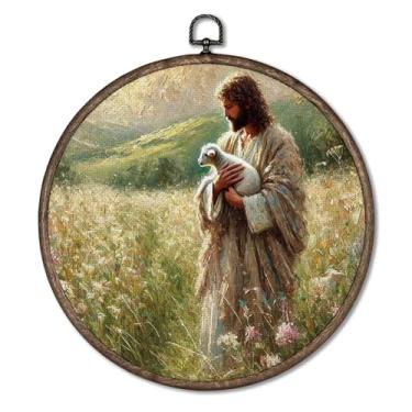 Imagem de Giosve Pôster emoldurado em tela de arte de parede redonda Jesus Deixa as 99 ovelhas, oração de Jesus Cristão, flores silvestres, esculturas de parede para decoração de igreja, casa, quarto, sala de