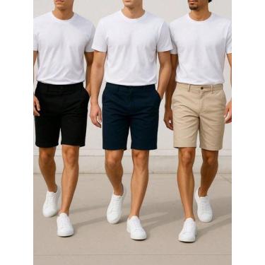 Imagem de Kit 3 Bermudas Sarja Masculina Alfaiataria Chino Corte Faca Mauricinho