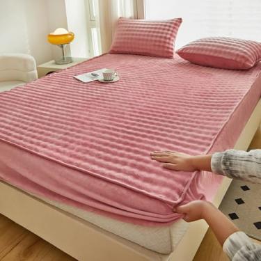 Imagem de Colcha protetora de colchão de veludo, macia, quente, luxuosa, macia, confortável, com bolso profundo, tamanho king/queen/casal/solteiro - rosa | 200 x 220 cm (conjunto de 3 peças)