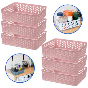 Imagem de Kit 6 Cestos Organizador Trama Rattam Médio 24x19cm Gavetas Armario Guarda Roupas (Rosê)