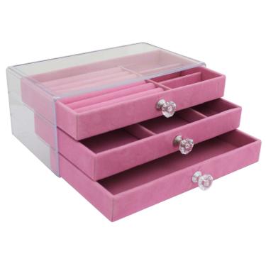 Imagem de Porta Jóias Portátil 3 gavetas com Divisórias Organizador Feminino Multiuso Rosa