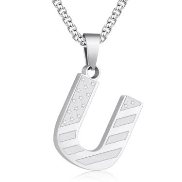 Imagem de Zocomi Colar com pingente de inicial da bandeira americana para homens e meninos, corrente de aço inoxidável 316L A-Z caixa de letras 50 + 5 cm joias presentes, Aço inoxidável, Sem Pedra Preciosa
