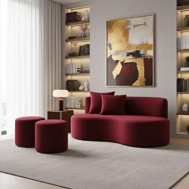 Imagem de Conjunto Sofá Curvo Orgânico + 2Puffs Nature Gaia Suede Bordô - Montan