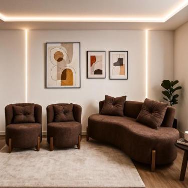 Imagem de Conjunto 2 Poltronas + Sofá Curvo Orgânico Luna Boucle Marrom Pés de M