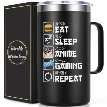 Imagem de Lifecapido Presentes de anime para homens e mulheres, Eat Sleep Anime Gaming Repeat 590 ml caneca de café com tampa e canudo, presentes de aniversário de Natal para meninos, filha, filho, amigos
