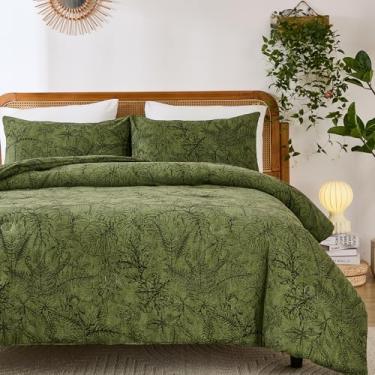 Imagem de Merryword Conjunto de edredom queen verde, 100% algodão, floral, 3 peças, estampa de folhas de palmeira verde, estilo tropical, conjunto de cama para todas as estações
