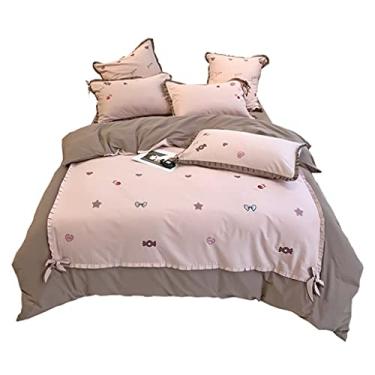 Imagem de Conjunto de 4 peças de algodão escovado com 60 grampos longos estilo princesa bordado laço capa de colcha (cor: rosa 6 peças tamanho do terno: 1,5 m) (terno rosa de 4 peças)