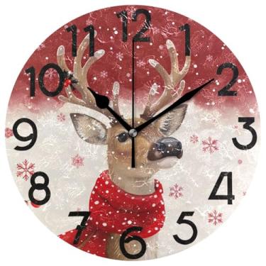 Imagem de Relógio redondo vermelho de rena de Natal, números grandes, ano novo, decorativo, inverno, floco de neve, poinsétia, baga, Natal, relógios de parede de 25,4 cm, quartzo operado por bateria, analógico