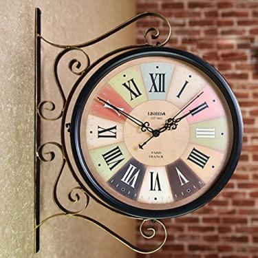 Imagem de EHVYBDX Relógio de parede de jardim ao ar livre, relógio retrô de ferro forjado, estação dupla face, relógio de jardim, rotação, impermeável, relógio externo, decorativo, relógio externo