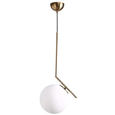 Imagem de YQSLQZZ Luminária pendente de globo de meados do século com globo de vidro branco luminária pendente de cabeceira, luminária de teto moderna dourada para sala de jantar cozinha ilha