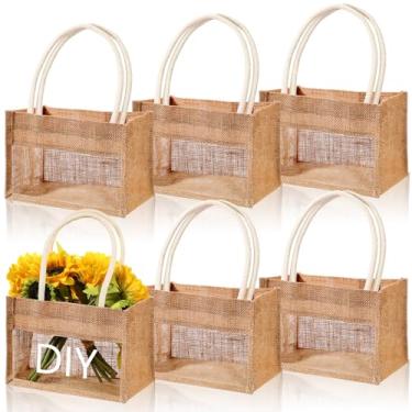 Imagem de Dansydaisy 6 sacolas de estopa com janela de filme de PVC transparente, reutilizáveis, sacolas de juta em branco grandes com alças, sacolas de presente de aniagem, sacolas de compras de supermercado