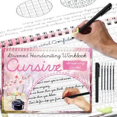 Imagem de chiazllta Caderno cursivo de escrita à mão com canetas de tinta que desaparecem, prática de escrita cursiva com ranhuras, reutilizáveis, para iniciantes, crianças, material de iniciação escolar em