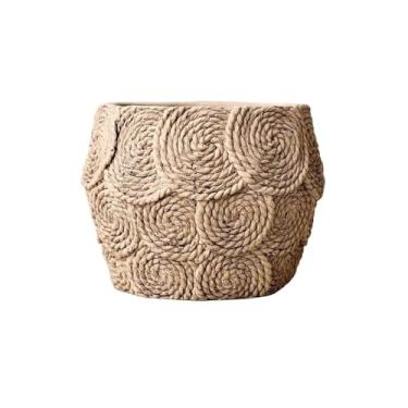 Imagem de hezhuhe2258 Macetas para plantas Vaso de flores com textura circular de tecelagem em relevo, vasos de cimento de mesa, com orifício de drenagem, para quarto, jardim, escritório (2 tamanhos) para casa
