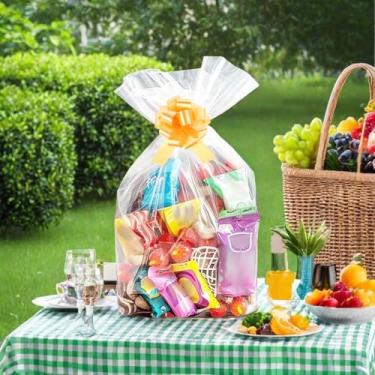 Imagem de 12 unidades de sacos OPP transparentes, sacos de celofane transparentes de 60 x 76 cm com laços torcidos para padaria, pipoca, biscoitos, doces, sobremesas, sacos de embalagem de presente