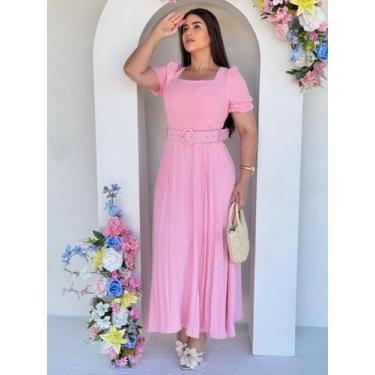 Imagem de Vestido Longo Festa Soltinho Fluido Elegante Decote Quadrado Evangélic