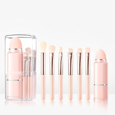 Imagem de Conjunto de pincéis de maquiagem retráteis 8 em 1 – multifuncional, ferramenta de beleza de cerdas macias para base, sombra e muito mais, portátil para viagens, kit de maquiagem feminina (rosa)