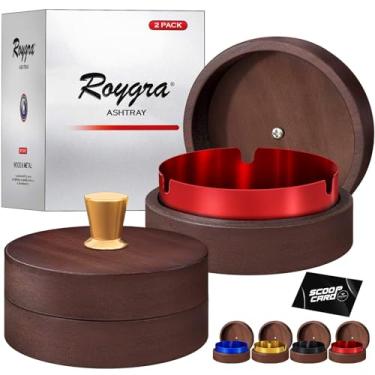 Imagem de roygra Cinzeiro externo para pátio externo (pacote com 2), cinzeiro de madeira e metal à prova de vento sem fumaça com tampa, decoração de mesa doméstica, decorações de pátio portáteis ao ar livre