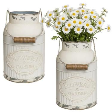 Imagem de Glitinsel Vaso de fazenda rústico gasto, 2 peças, jarro de leite de metal galvanizado, jarro de flor, jarro branco com alça, decoração vintage para casa, banheiro, cozinha, jardim, escritório