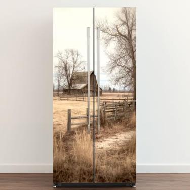 Imagem de Adesivo autoadesivo de vinil para geladeira rústico casa de fazenda vintage celeiro campo paisagem rústica celeiro porta aberta mural adesivo adesivo removível para decoração de cozinha