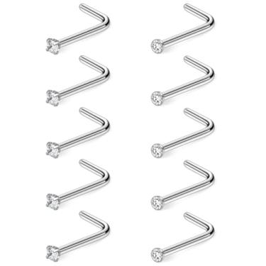 Imagem de Hoeudjo Kit de anéis de nariz de zircônia cúbica de aço cirúrgico para mulheres e homens minúsculos parafusos de nariz e osso e joias de piercing de narina em forma de L calibre 22-18 10 peças, 22g