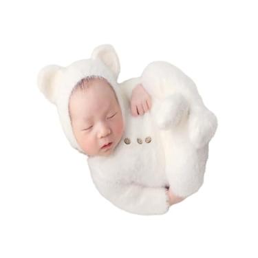 Imagem de Newborn Photography Props Boy Outfits Hat Footed Romper Stretch Set Baby Girl Photo Shoot Props Bear Jumpsuit Photoshoot(White)