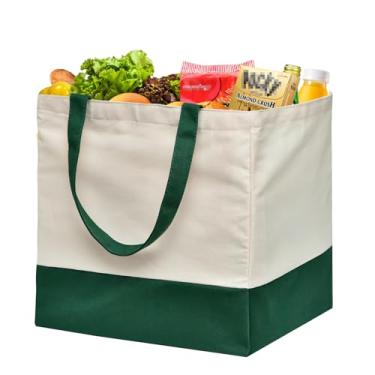 Imagem de Sacolas de compras reutilizáveis de lona resistentes, bolsa grande dobrável de 8,3 galões com alças, comporta sacolas de compras de 27 kg, [A1] Off White / Retro Green, 1 Pack
