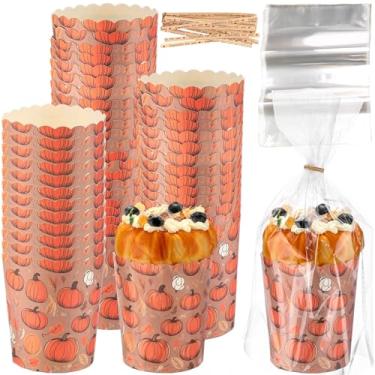 Imagem de Potchen 50 conjuntos de moldes de papel panetone de outono de 350 ml, formas descartáveis de pão de papel de outono com sacos de plástico transparente e laços para outono outono e pastelaria de pão de