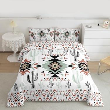 Imagem de Feelyou Conjunto de edredom caqui asteca do sudoeste geométrico, vintage, com 2 fronhas, cacto ocidental, boêmio, tribal, Queen, branco, vermelho, edredom