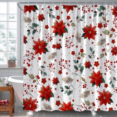 Imagem de AYDSMYD Cortina de chuveiro Merry Christmas, vermelha, branca, poinsétias, bagas, inverno, férias, tecido, decoração de banheiro, conjunto inclui ganchos, 177,8 cm x 1,78 cm x 178 cm A
