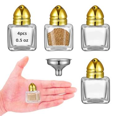 Imagem de 4 peças de saleiro e pimenteiro pequenos em forma de cubo de 14,2 g com tampo de tom, mini potes de tempero de vidro transparente, saleiro de especiarias com funil para festa de casamento, restaurante
