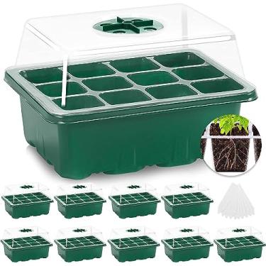 Imagem de MIXC Pacote com 10 bandejas de sementes para iniciante de mudas, kit de iniciante de plantas ajustável com cúpula e base de estufa, mini propagador para início de sementes (12 células por bandeja)