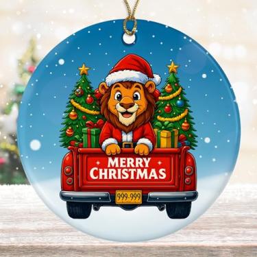 Imagem de DamienBrightGift Enfeite de Natal Leão no Caminhão Vermelho - Decoração de Cerâmica Gato Grande Papai Noel Bonito - Presente de Lembrança de Feriado Animal da Selva Engraçado - Decoração de Árvore de