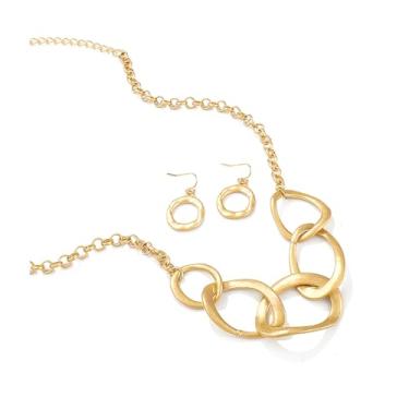 Imagem de Navirix Conjunto de joias com vários círculos dourados para mulheres, corrente de elos longos delicados, colar de gargantilha redonda, brincos de gota na moda, conjunto de colar grosso, Large, Metal