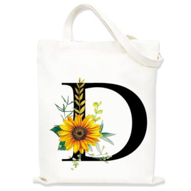 Imagem de Sacolas de lona estampadas para mulheres, sacolas de compras de lona, sacola de compras reutilizável para viagens, compras, trabalho, academia - Letra D