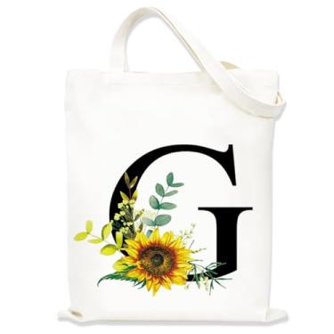 Imagem de Sacolas de lona estampadas para mulheres, sacolas de compras de lona, sacola de compras reutilizável para viagens, compras, trabalho, academia - Letra G